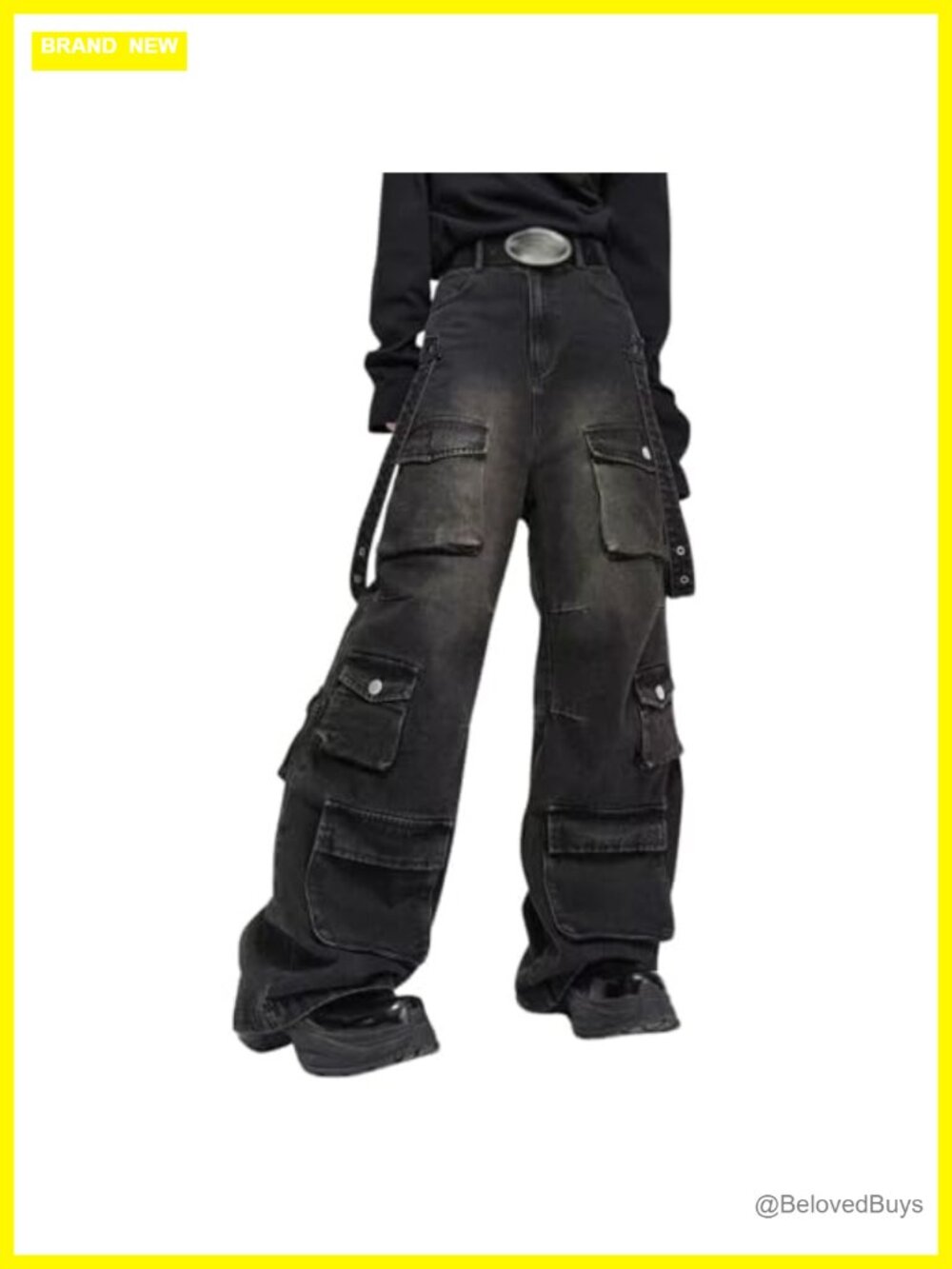 Womens High Waist Baggy Cargo Jeans Wide Leg Loose Cotton Blend Denim